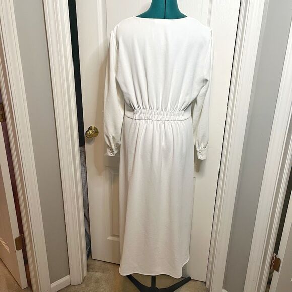 Zara Midi V Neck Button Down Front Smocked Polyester Textured Long Sleeve Dress - Picture 2 of 15